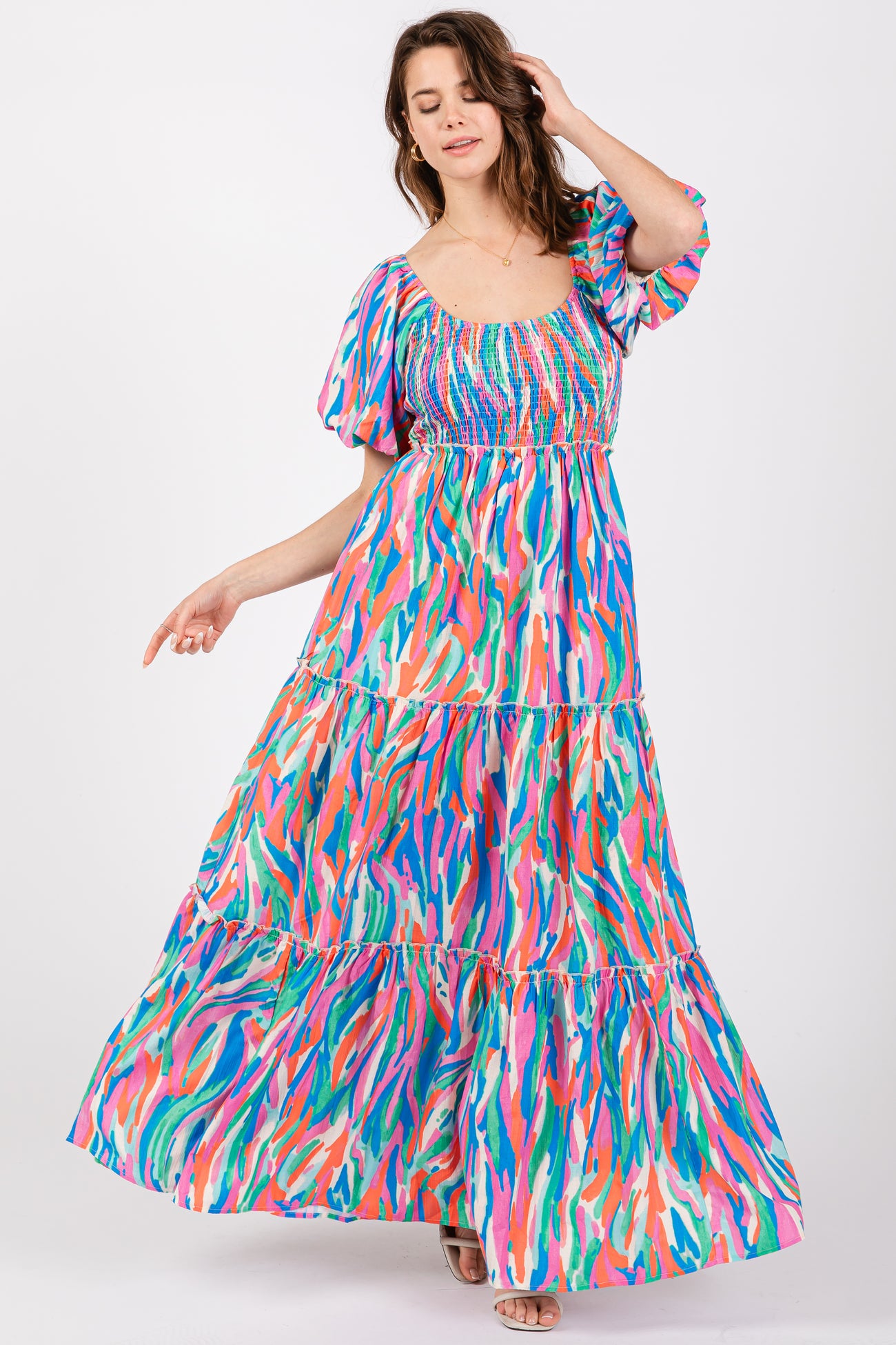 Blue Multi Color Print Puff Sleeve Maternity Maxi Dress