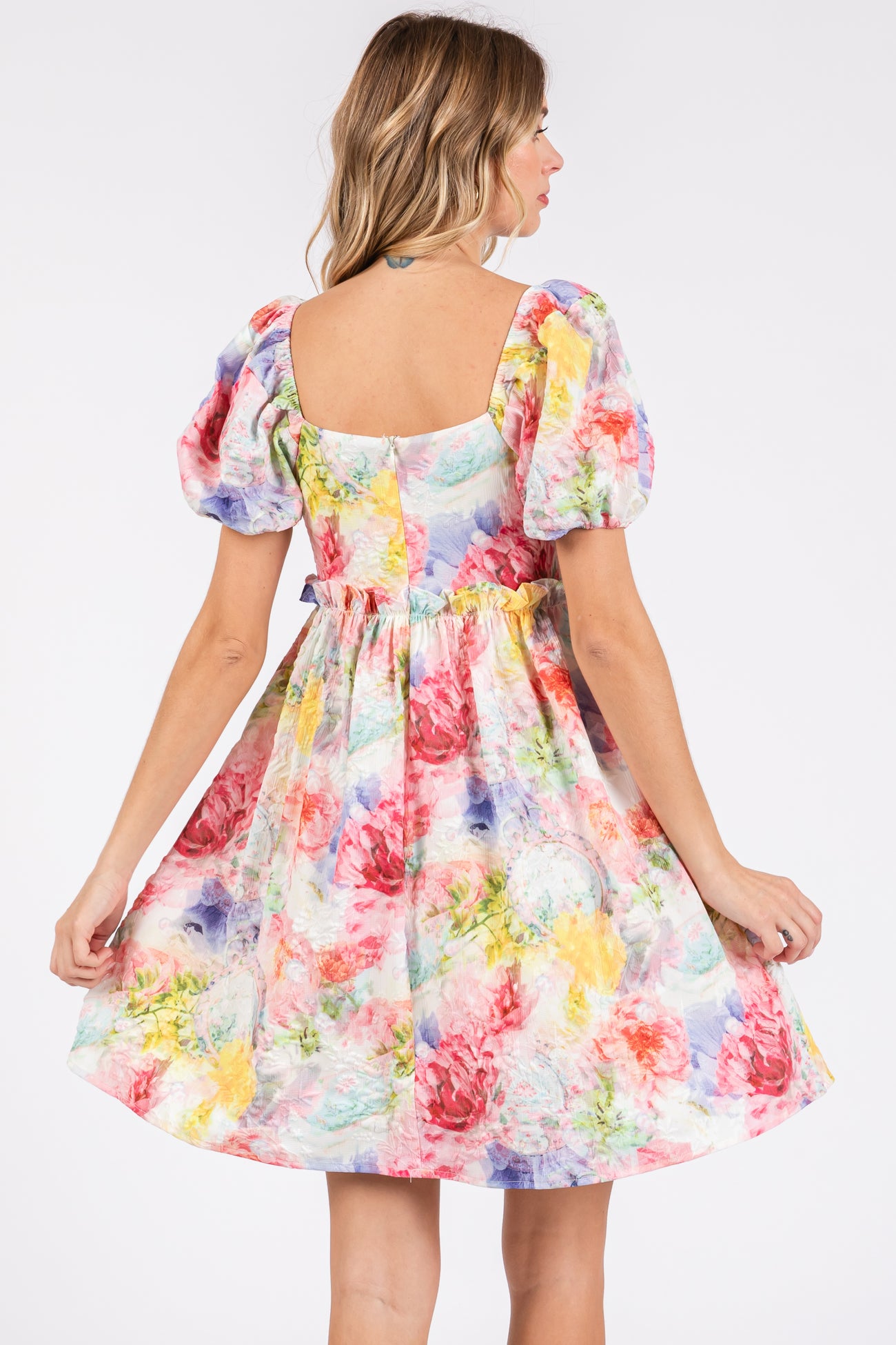 Multi-Color Floral V-Neck Short Puff Sleeve Ruffle Waist Dress
