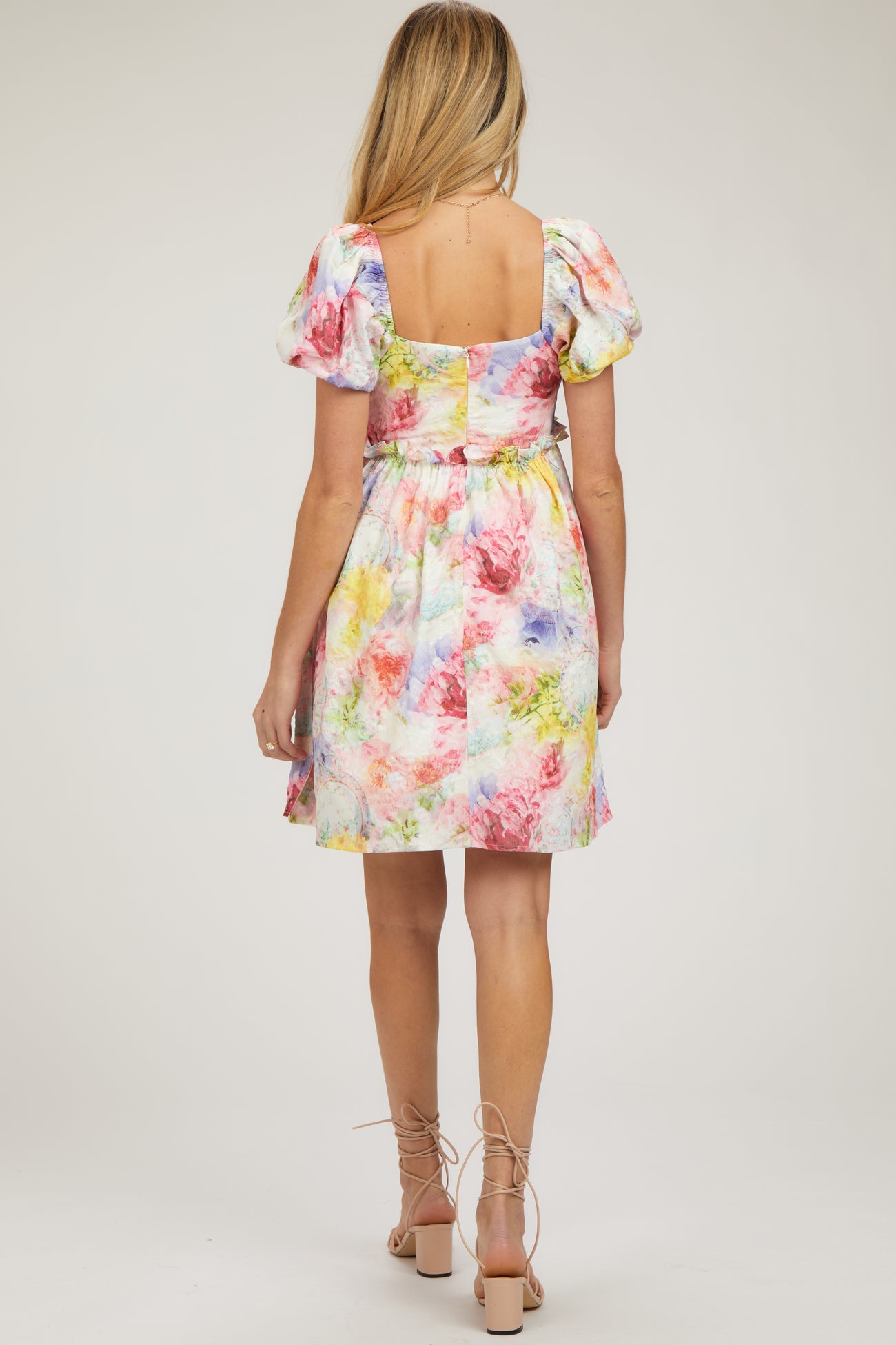 Multi-Color Floral V-Neck Short Puff Sleeve Ruffle Waist Maternity Dress