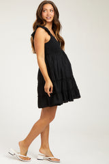 Black Textured Polka Dot Eyelet Shoulder V-Neck Maternity Dress