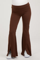maternity wear brown flared yoga pants with side slits, designed for comfort during pregnancy