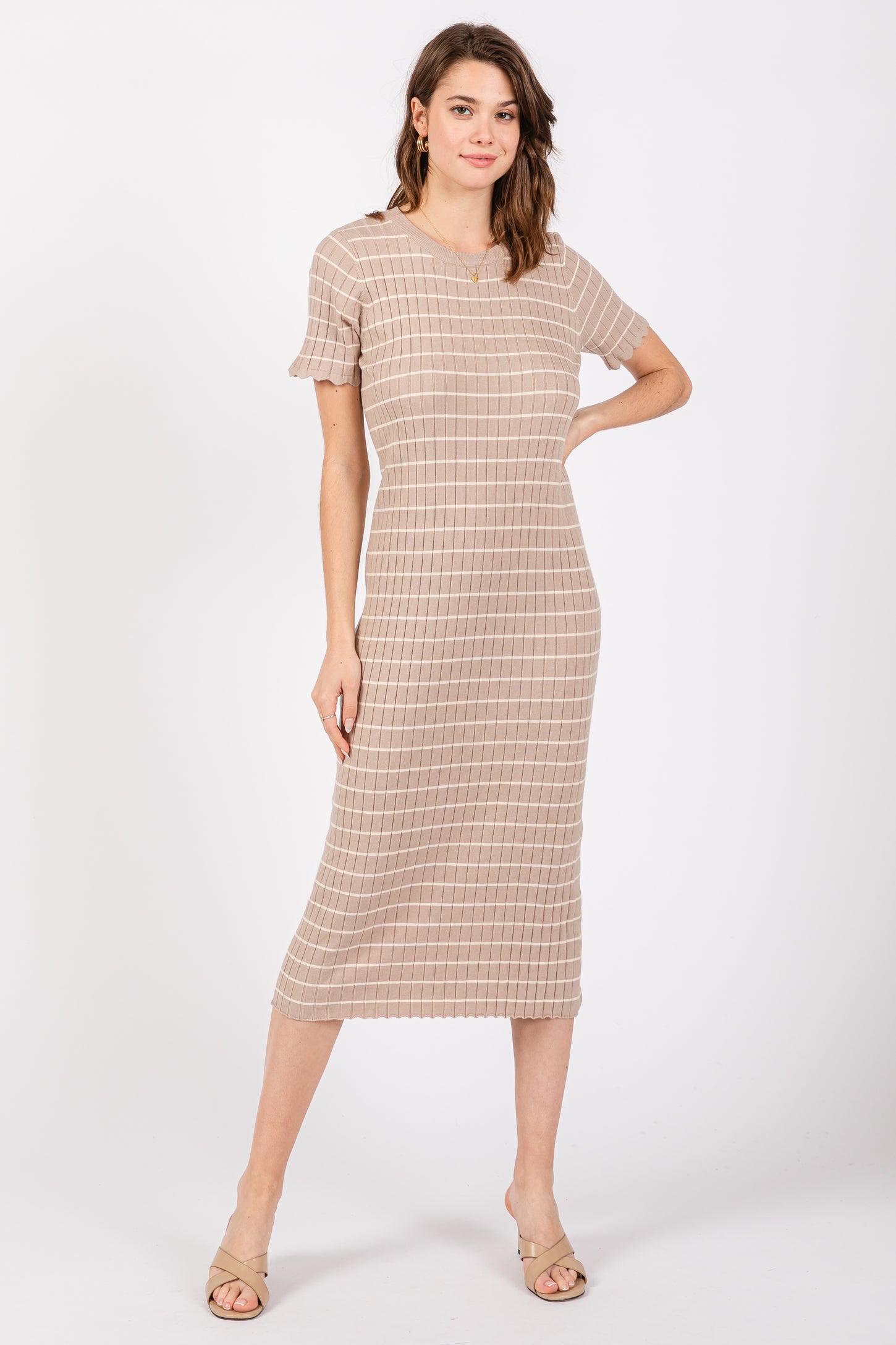 Taupe Striped Rib Knit Maternity Midi Dress