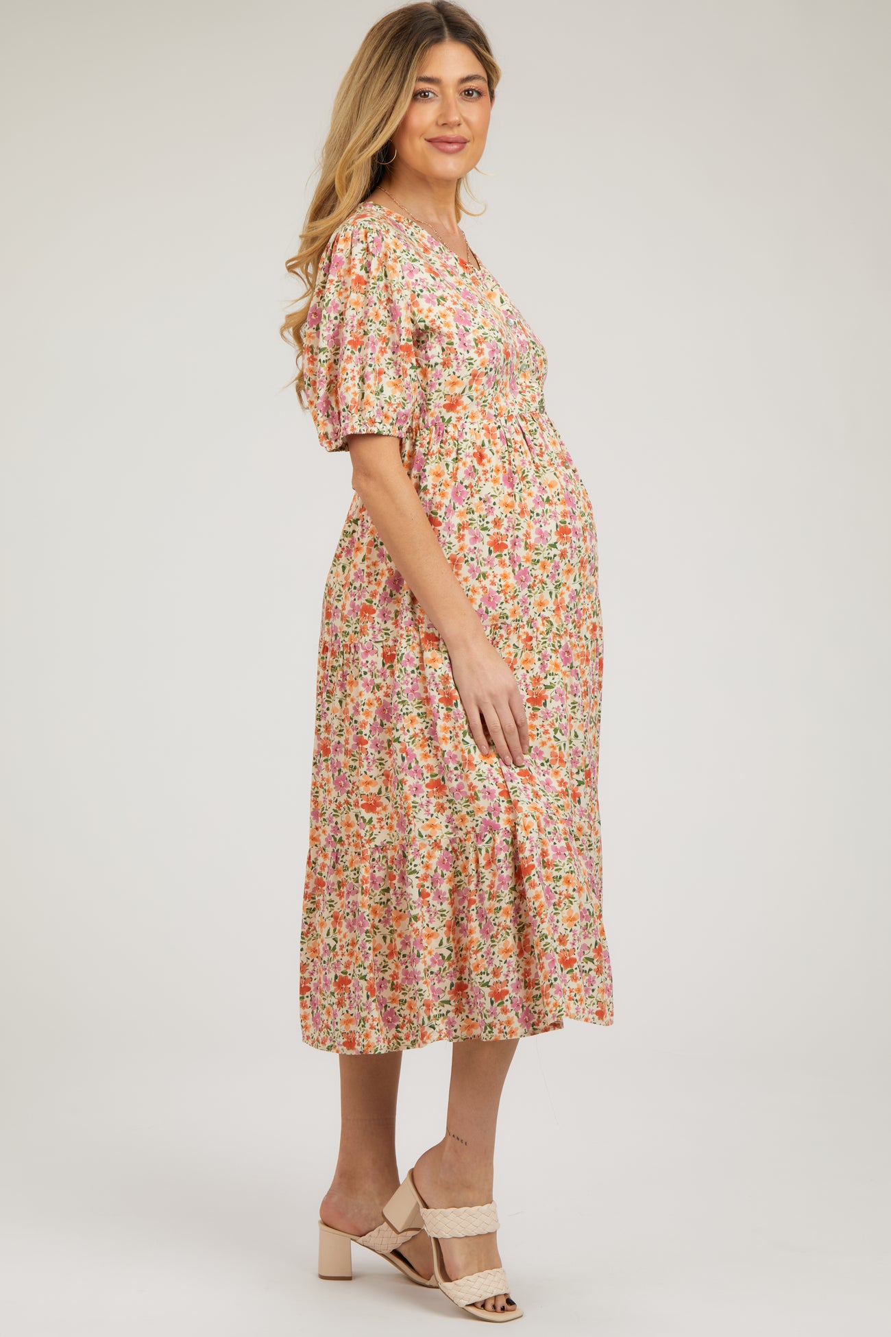 Ivory Floral Button Front Ruffle Hem Maternity Midi Dress