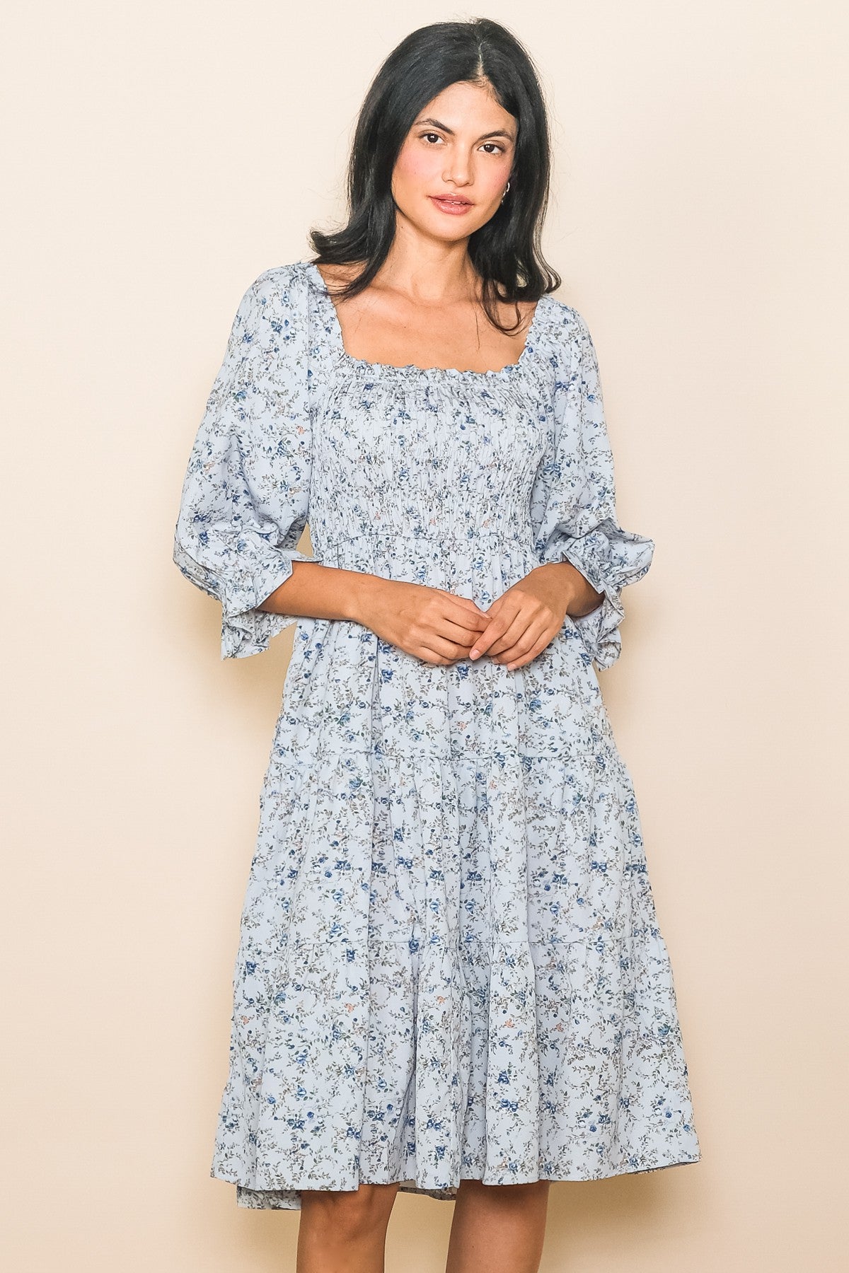 Light Blue Floral Smocked Knee Length Dress