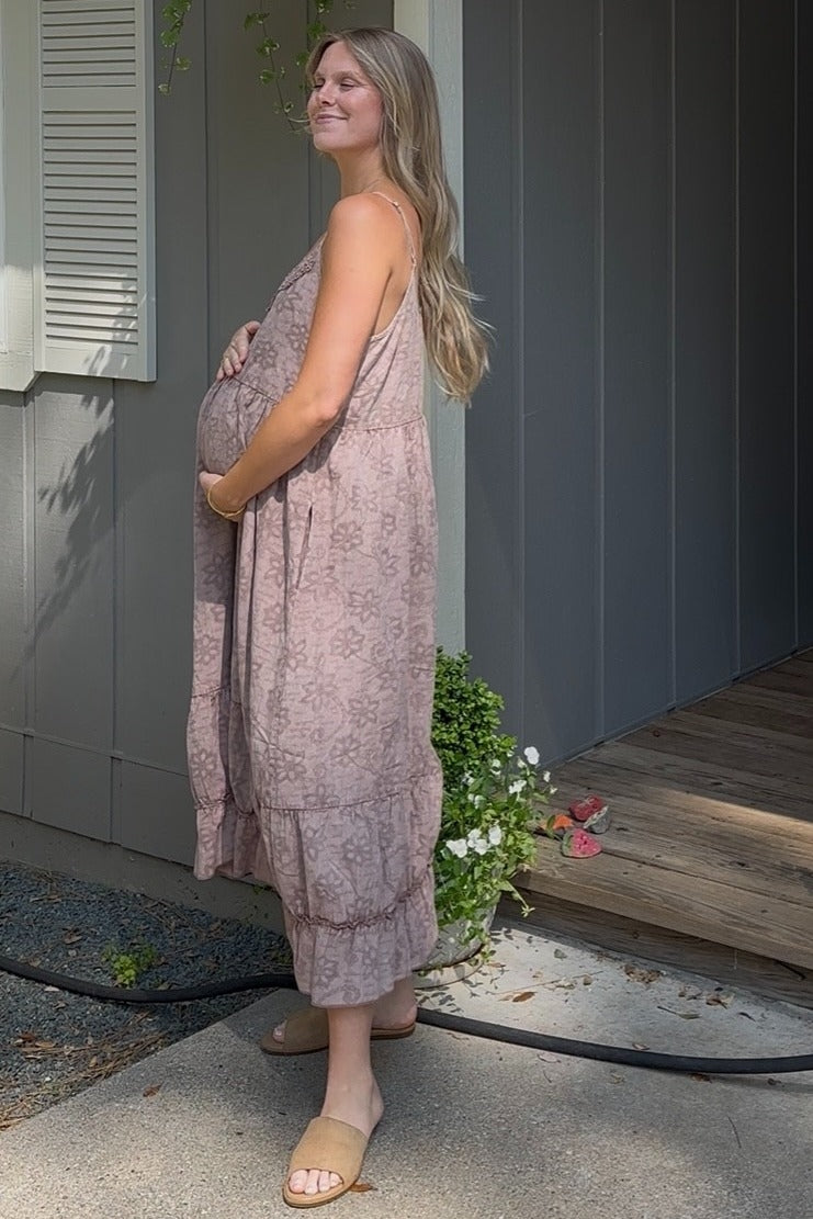 Mauve Embroidered Vintage Wash Maternity Midi Dress