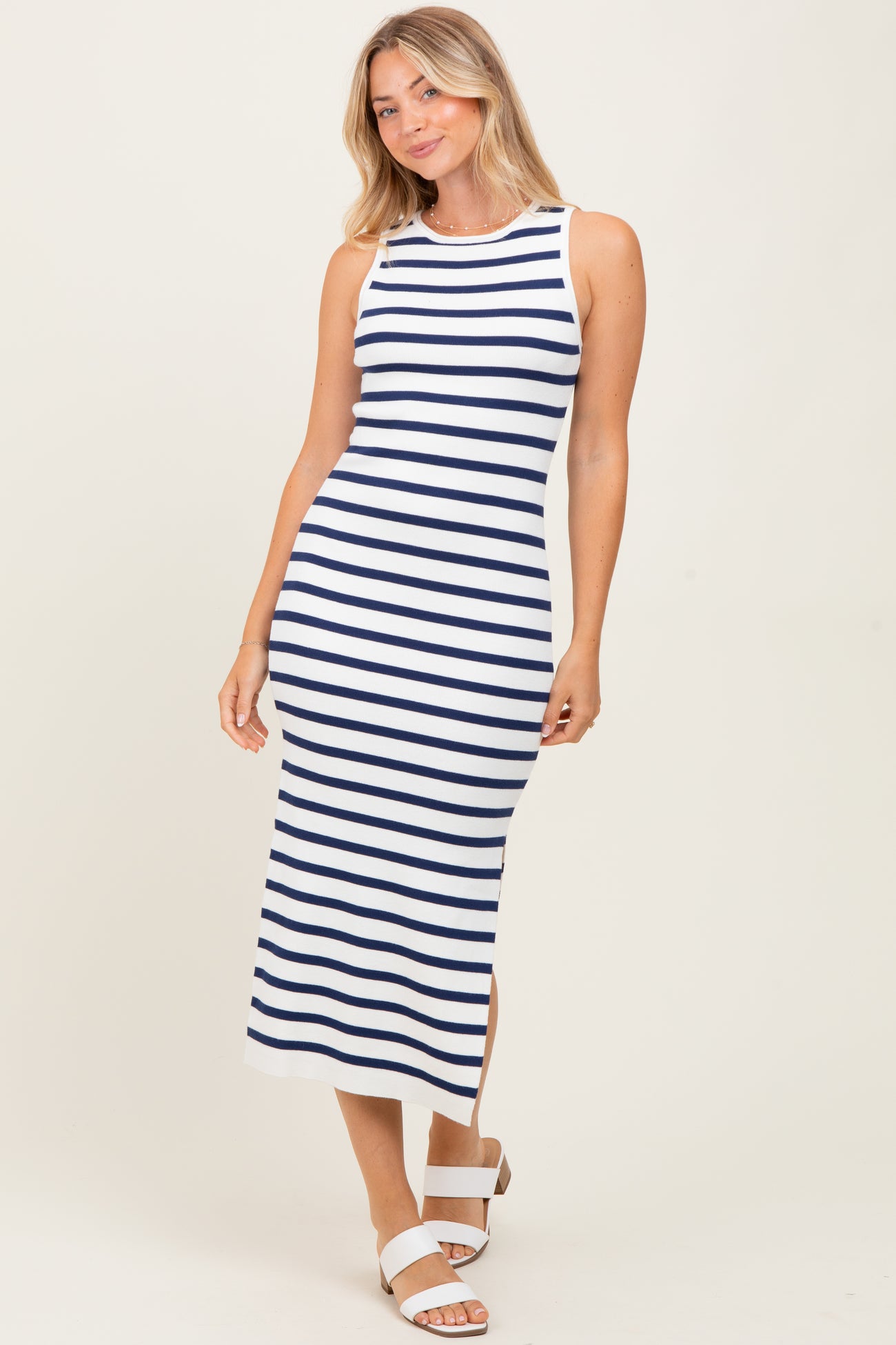 White Navy Striped Knit Sleeveless Side Slit Midi Dress