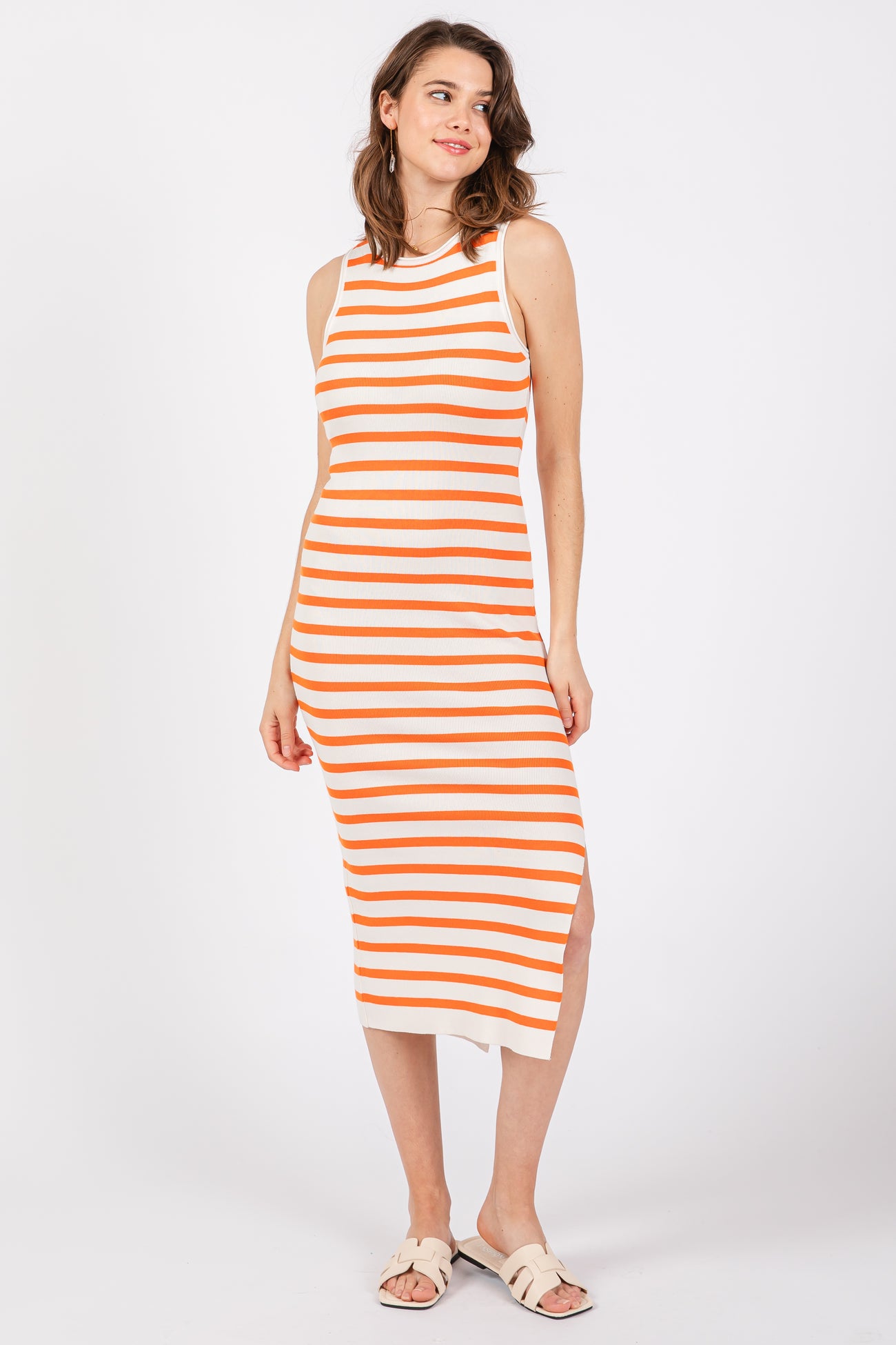 White Orange Striped Knit Sleeveless Side Slit Maternity Midi Dress