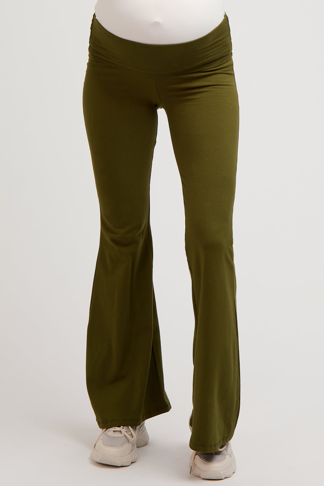 Olive Fold-Over Waistband Flared Maternity Leggings