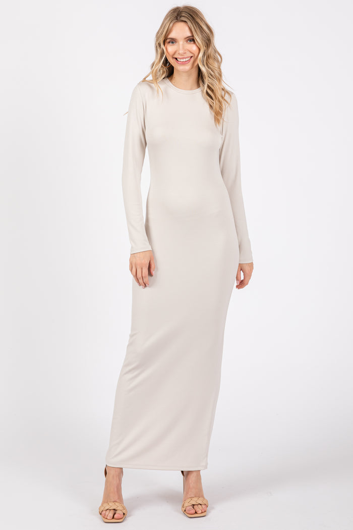 Cream Long Sleeve Fitted Maxi Dress