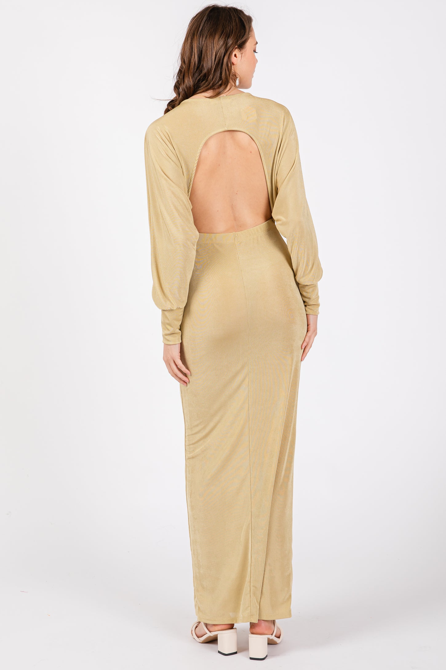 Gold Long Sleeve Open Back Maxi Dress