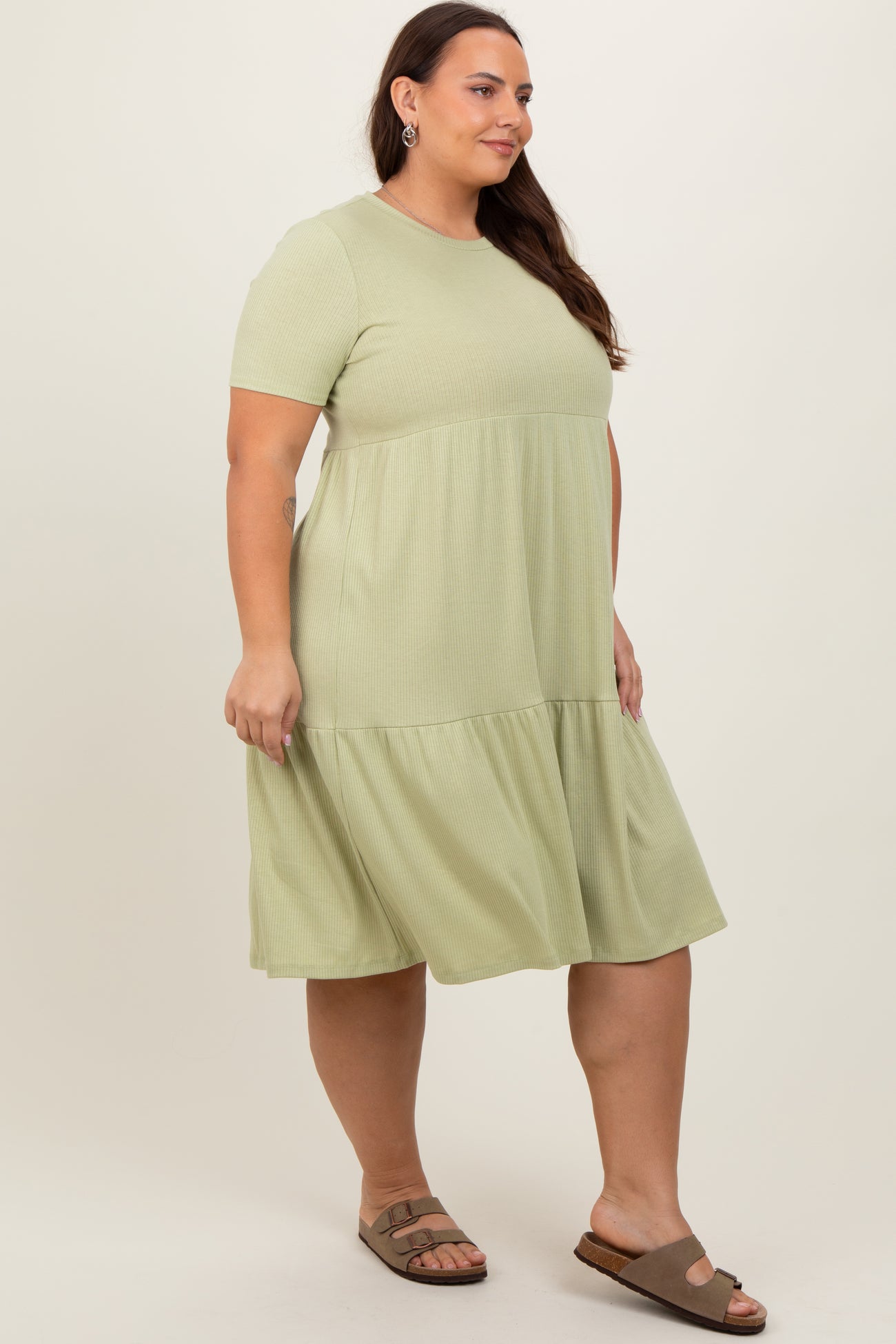 Light Olive Ribbed Tiered Plus Dress