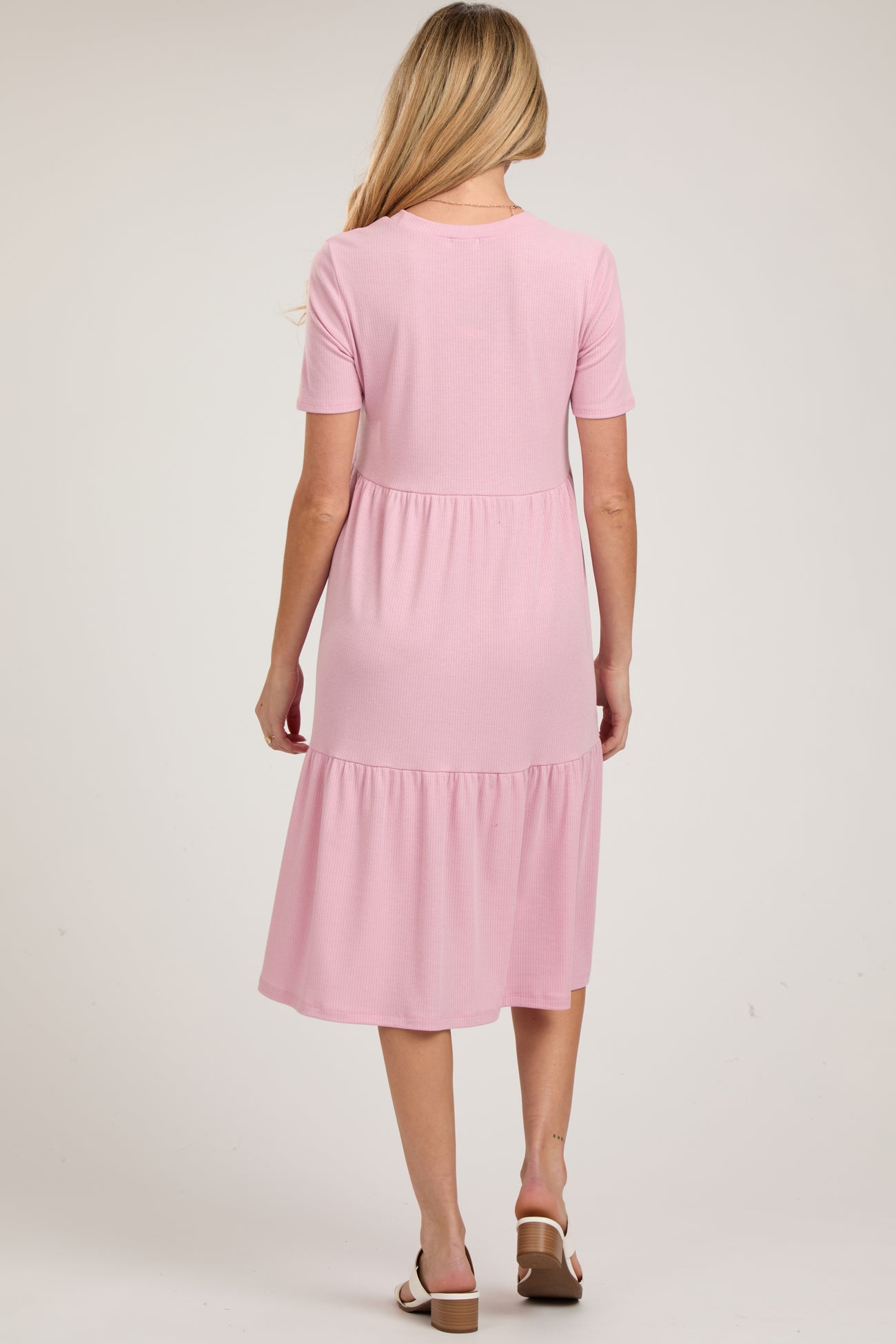 Pink Ribbed Tiered Maternity Midi Dress