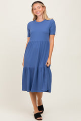Blue Ribbed Tiered Maternity Midi Dress