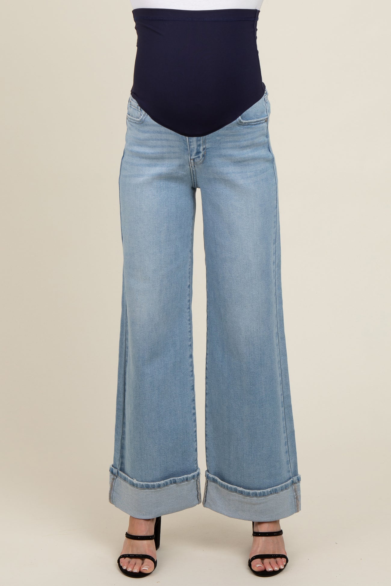 Light Blue Cuffed Maternity Wide Leg Jeans