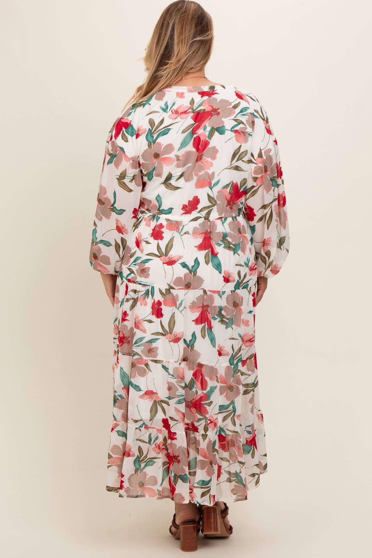 Ivory Floral Front Button Waist Tie Maternity Plus Midi Dress