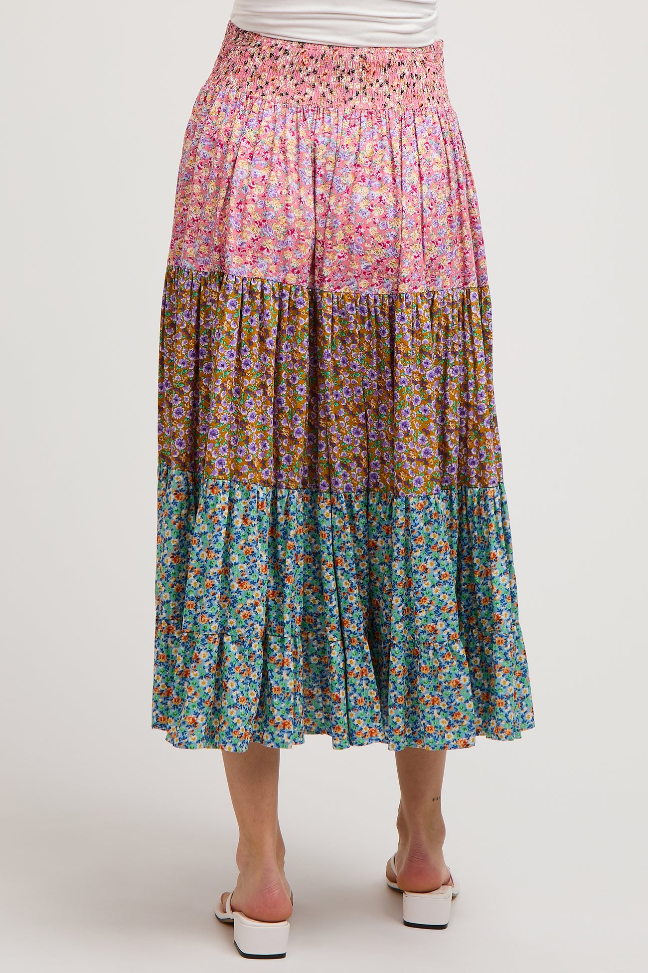Mauve Floral Smocked Tiered A-Line Maternity Midi Skirt