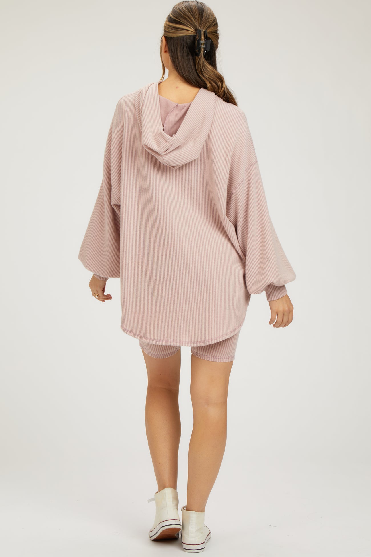 Light Pink Ribbed Hoodie Bike Shorts Maternity Set