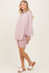 Light Pink Ribbed Hoodie Bike Shorts Set