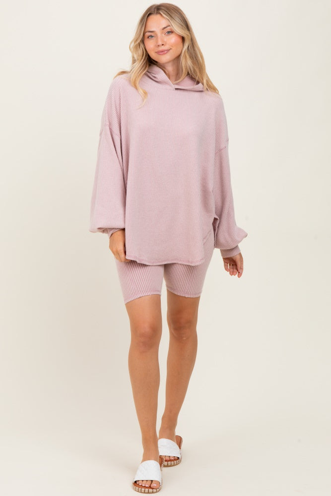 Light Pink Ribbed Hoodie Bike Shorts Set