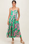 Pink Leaf Print Satin Square Neck Midi Dress