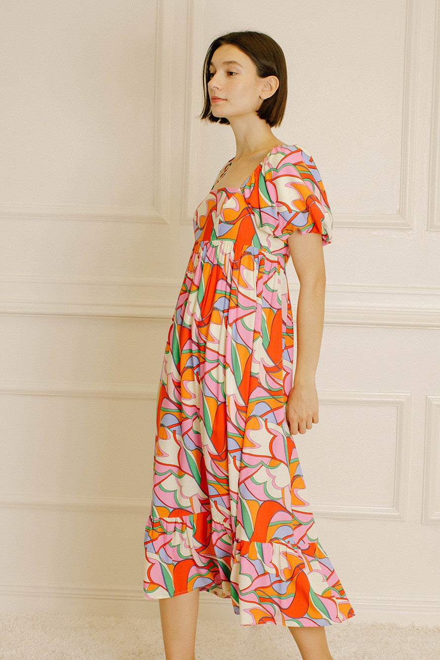 Multi-Color Square Neck Short Puff Sleeve Dress