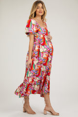 Multi-Color Square Neck Short Puff Sleeve Maternity Dress