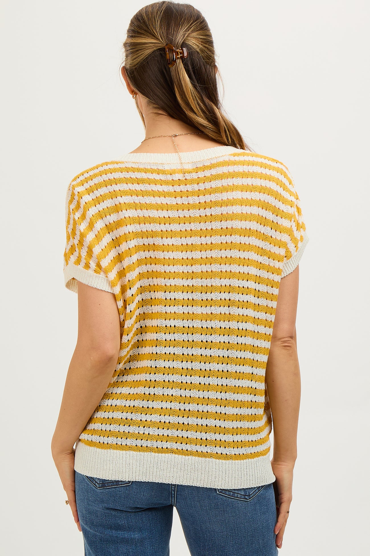Mustard Striped Knit V-Neck Short Sleeve Maternity Top