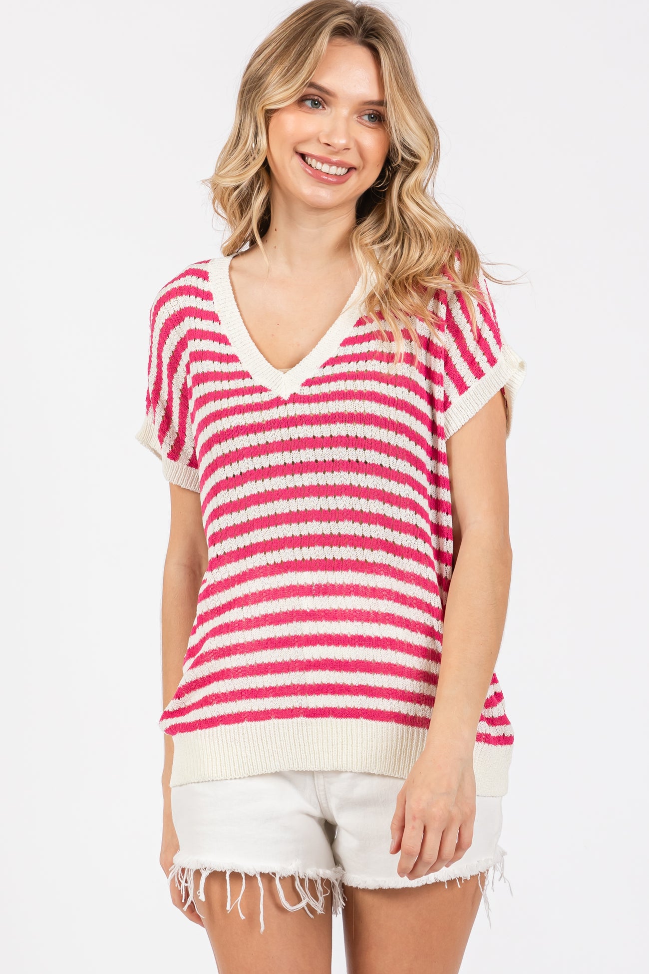 Fuchsia Striped Knit V-Neck Short Sleeve Maternity Top