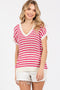 Fuchsia Striped Knit V-Neck Short Sleeve Top
