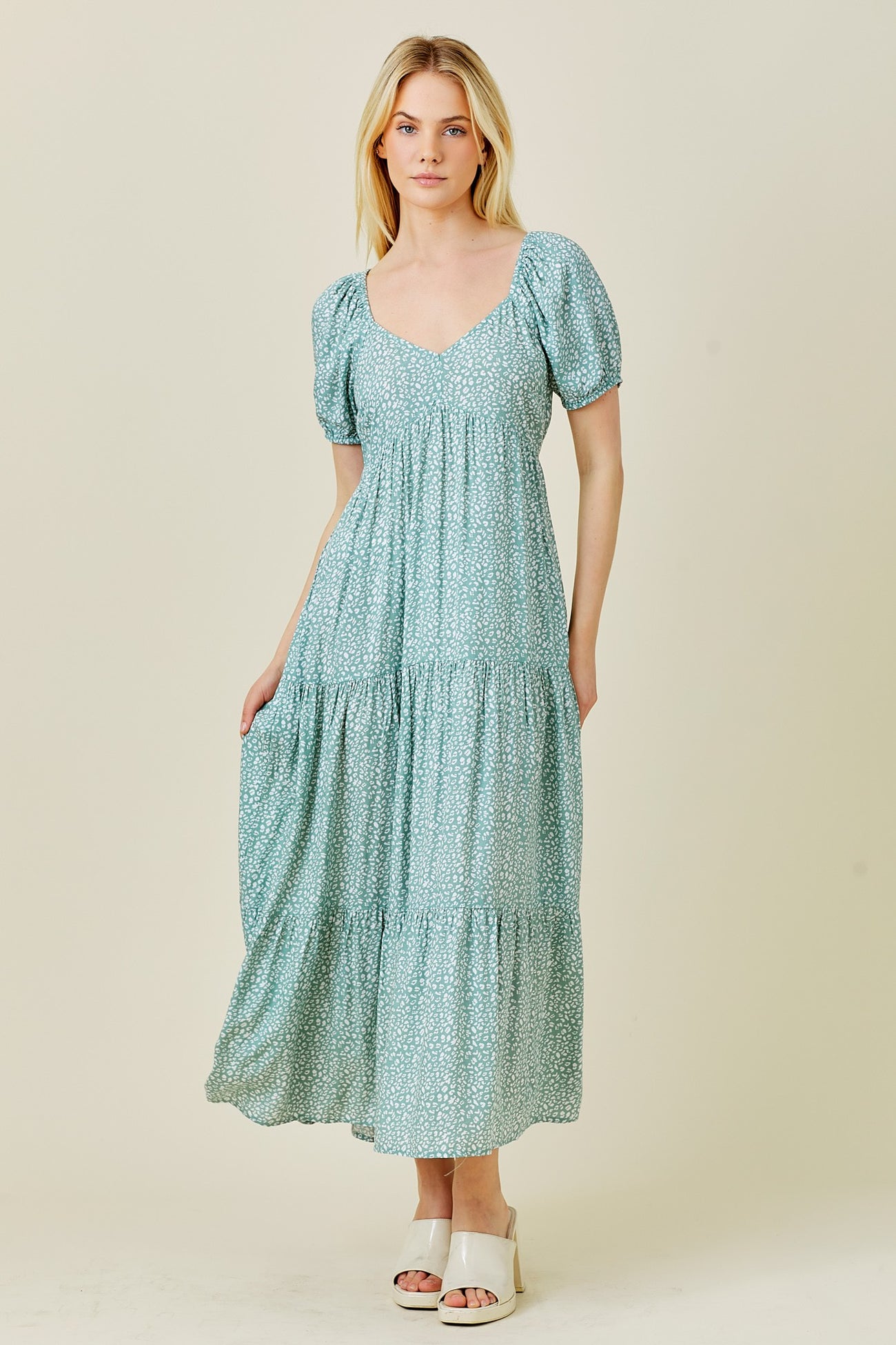 Mint Green Animal Print Tiered Maternity Midi Dress