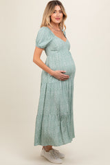 Mint Green Animal Print Tiered Maternity Midi Dress