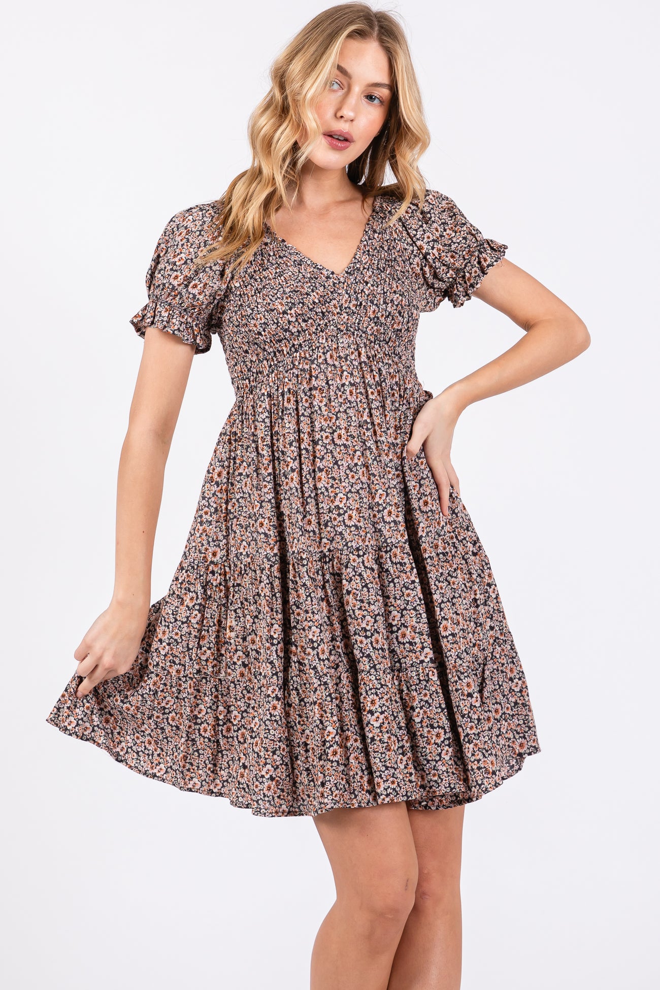 Charcoal Floral Smocked Puff Sleeve Maternity Dress