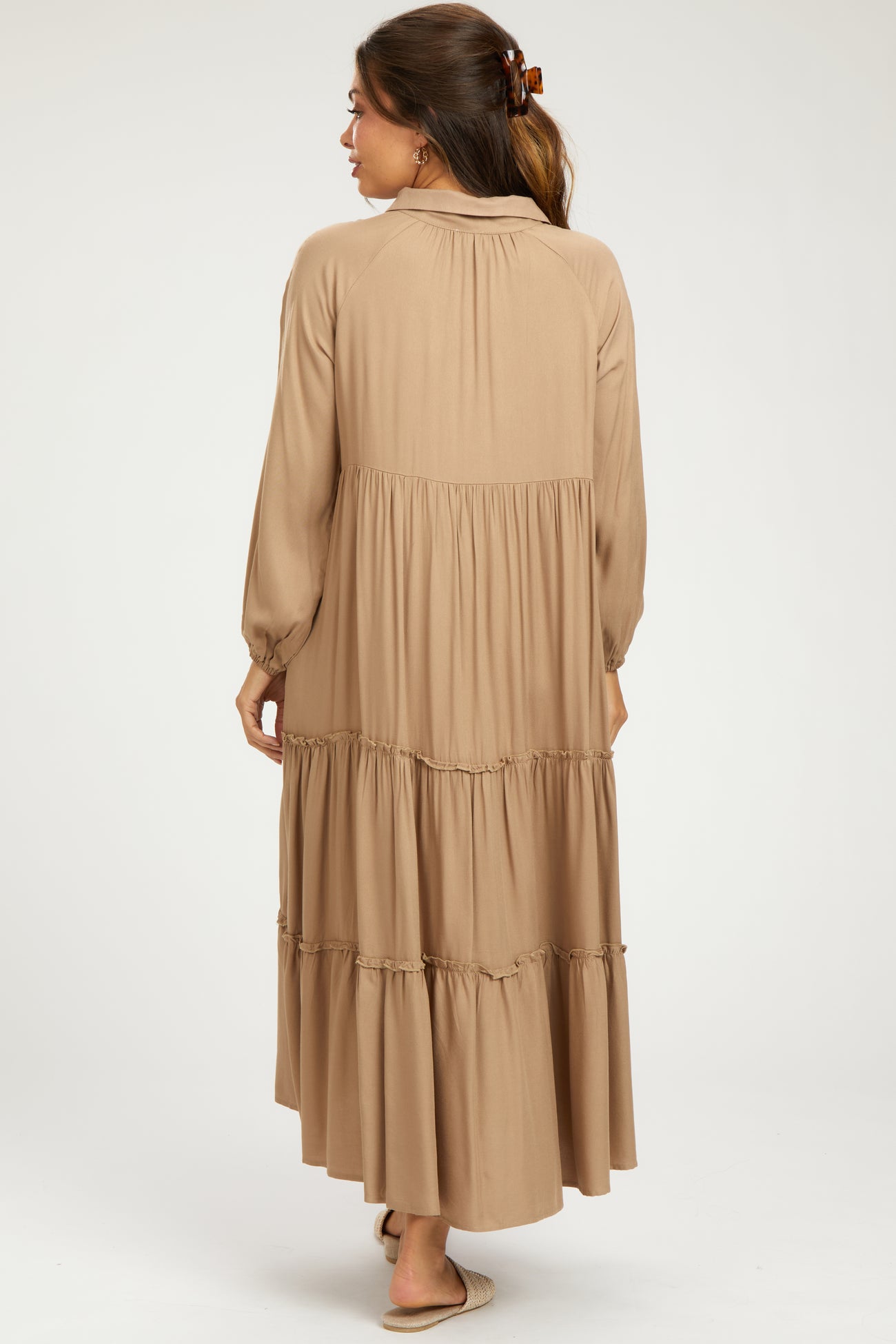 Taupe Button Front V-Neck Ruffle Tiered Maternity Midi Dress