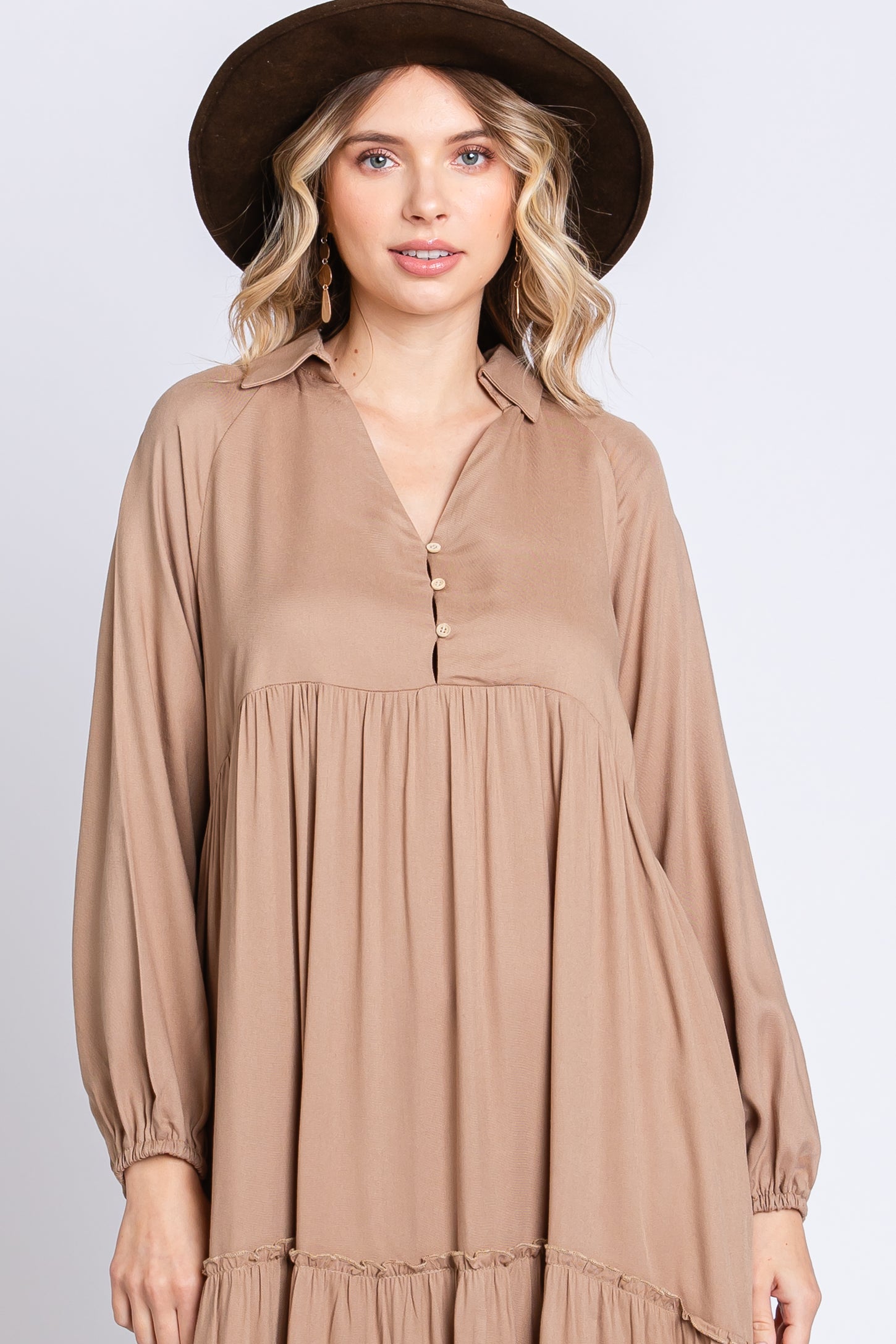 Taupe Button Front V-Neck Ruffle Tiered Midi Dress