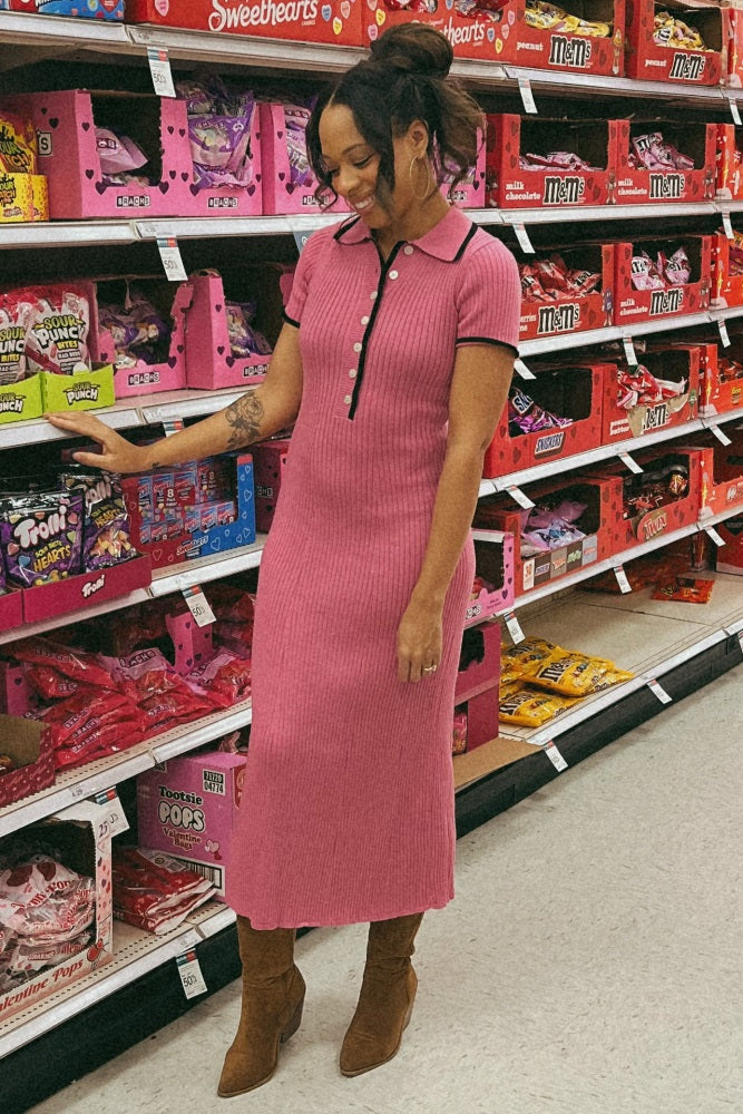 Pink Ribbed Knit Collared Button Front Dress