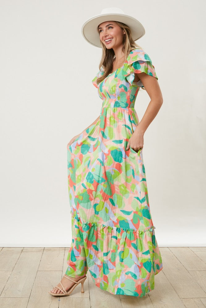 Light Coral Smocked Ruffle Sleeve Maxi Dress