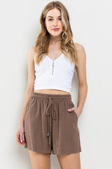 Brown Linen Drawstring Maternity Shorts