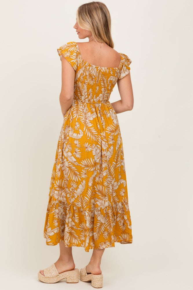 Yellow Tropical Print Smocked Short Sleeve Maxi Dress