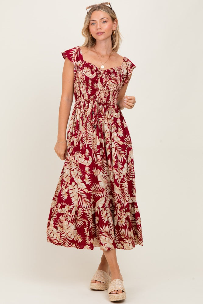 Burgundy Tropical Print Smocked Short Sleeve Maxi Dress