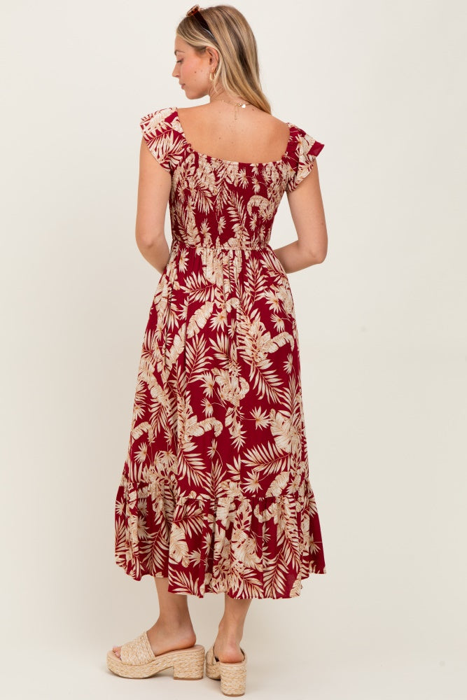 Burgundy Tropical Print Smocked Short Sleeve Maxi Dress