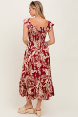 Burgundy Tropical Print Smocked Short Sleeve Maxi Dress