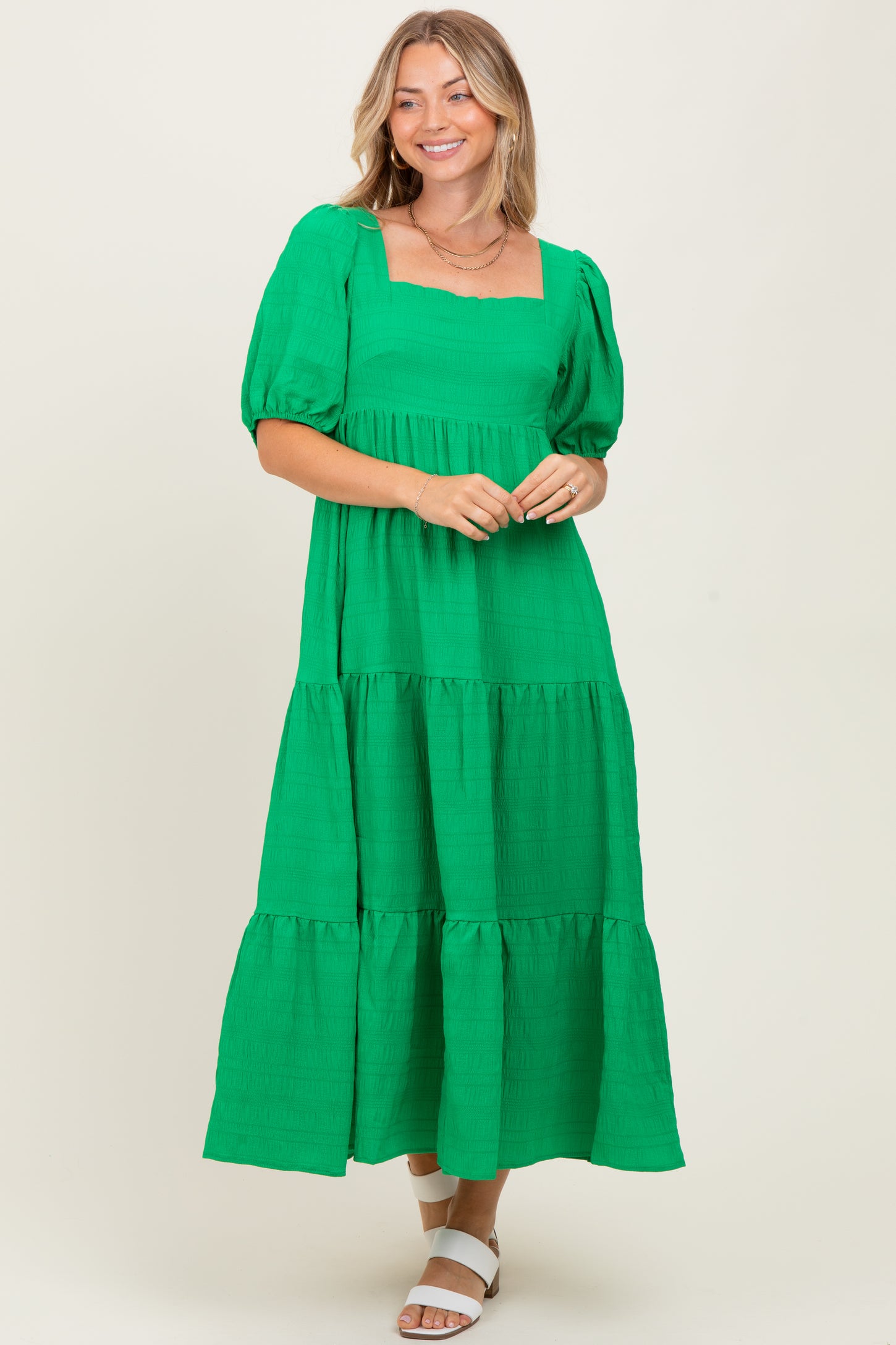 Green Textured Tiered Midi Dress