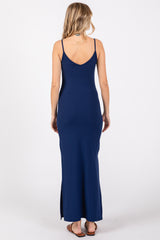 Navy Ribbed Side Slit Maxi Dress
