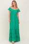 Green Smocked Crossover Off Shoulder Maxi Dress
