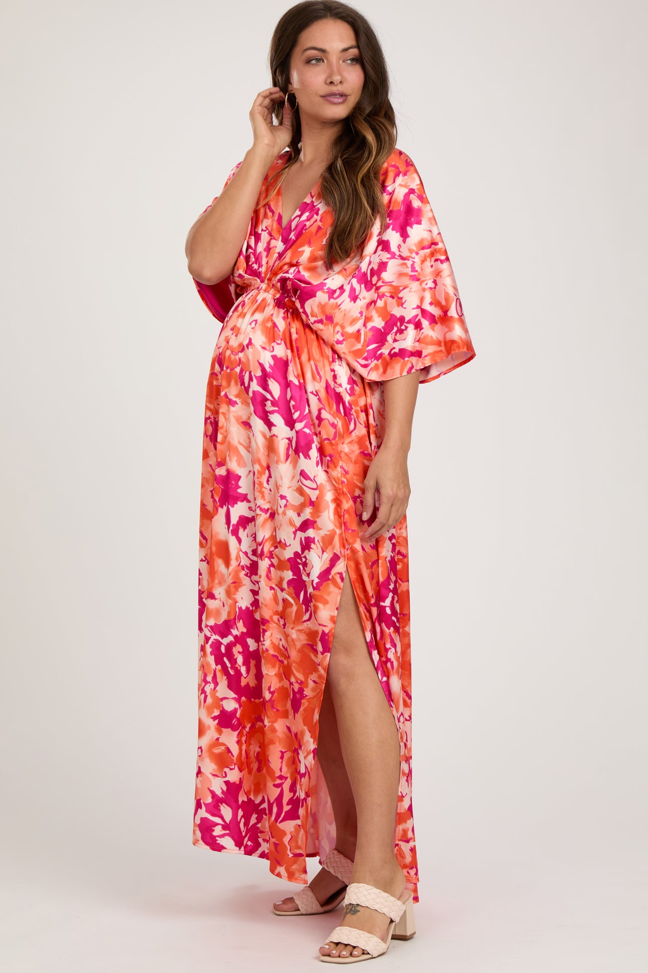 Orange Floral Satin V-Neck Maternity Maxi Dress