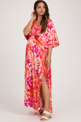 Orange Floral Satin V-Neck Maternity Maxi Dress