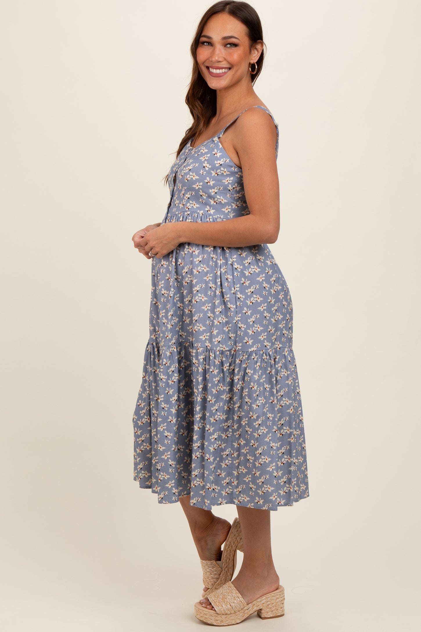 Blue Floral Sweetheart Neck Button Front Ruffle Maternity Midi Dress