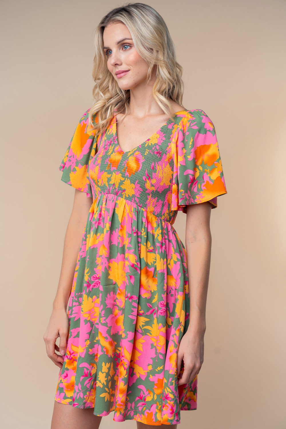 Olive Leaf Print Smocked V-Neck Dress