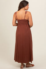 Brown Button Down Smocked Maternity Dress