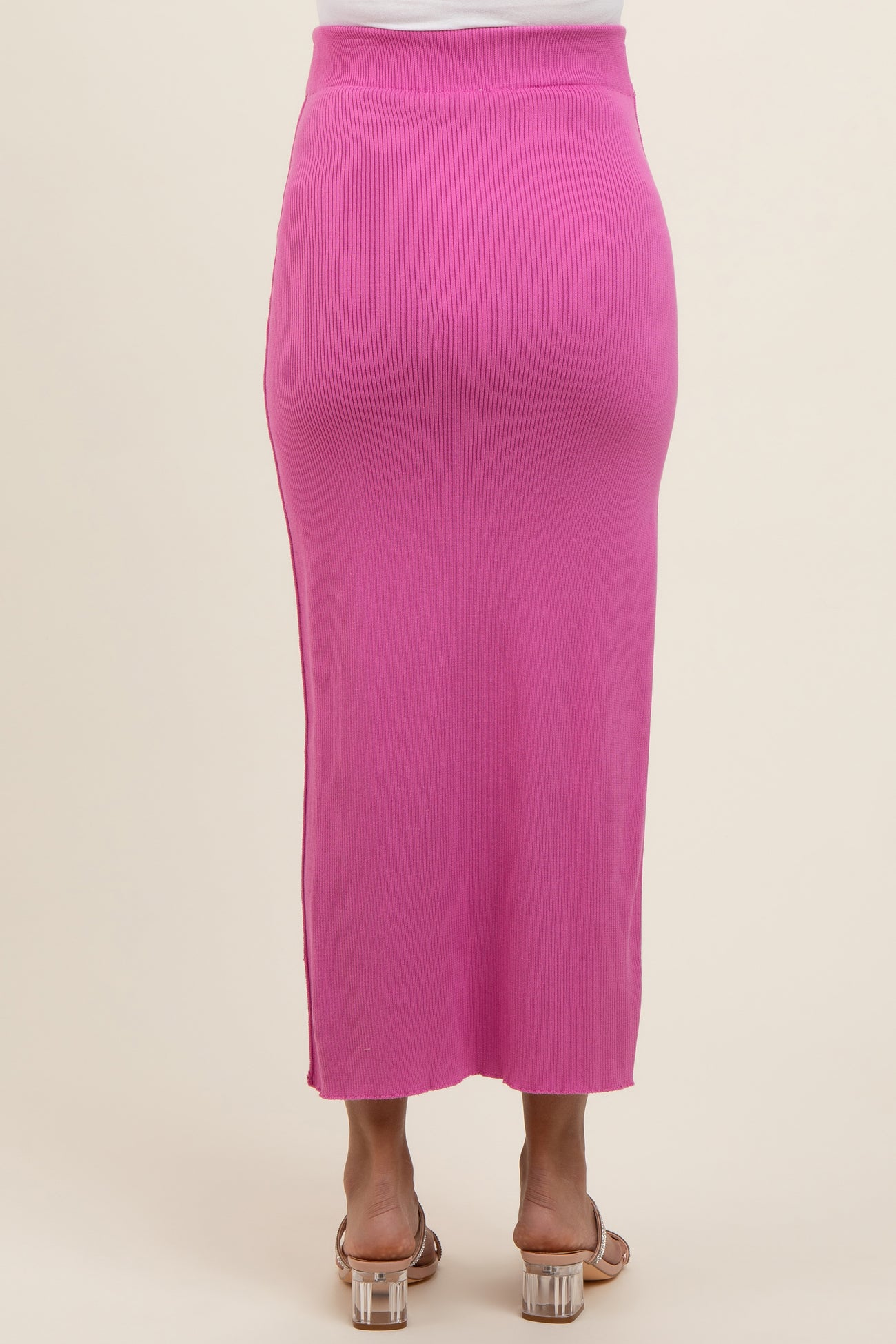 Pink Ribbed Knit Side Slit Maternity Midi Dress